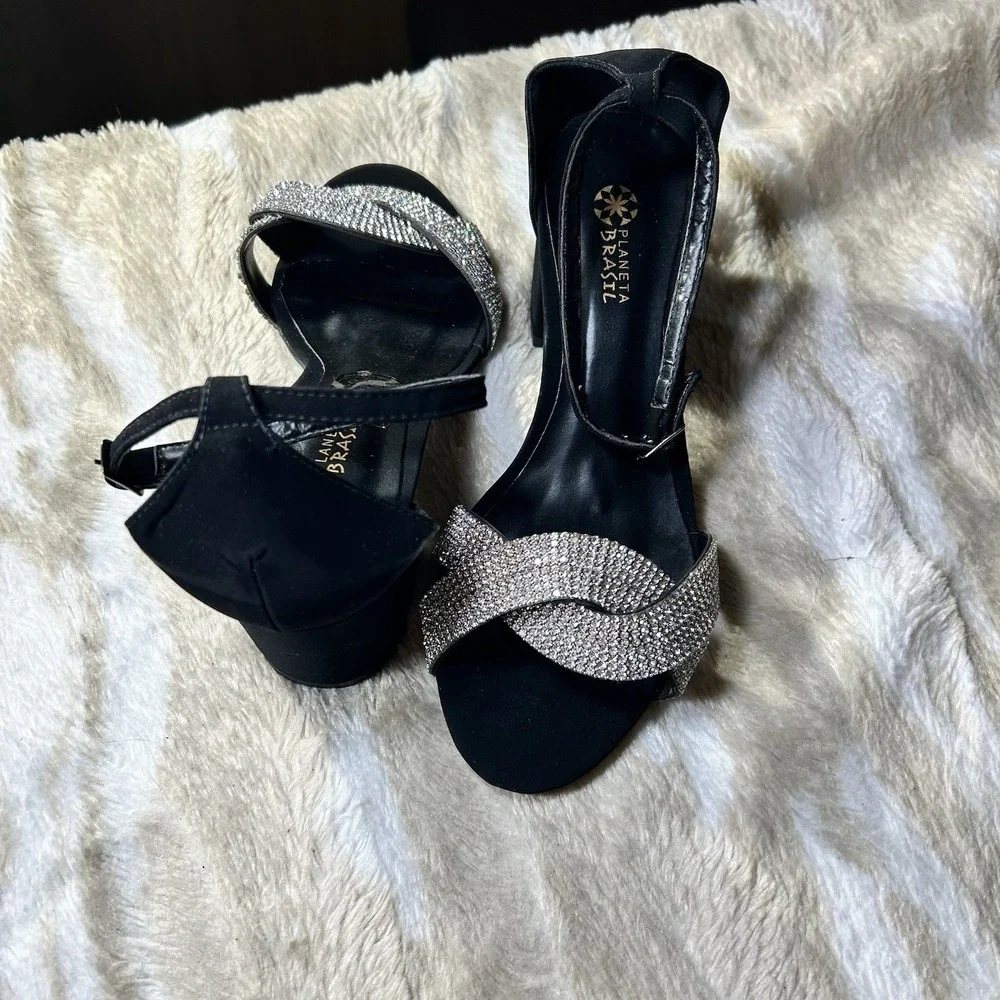 Planeta Brasil Women Black Rhinestone Block Heel Ankle Strap Sandals Size 37 6.5